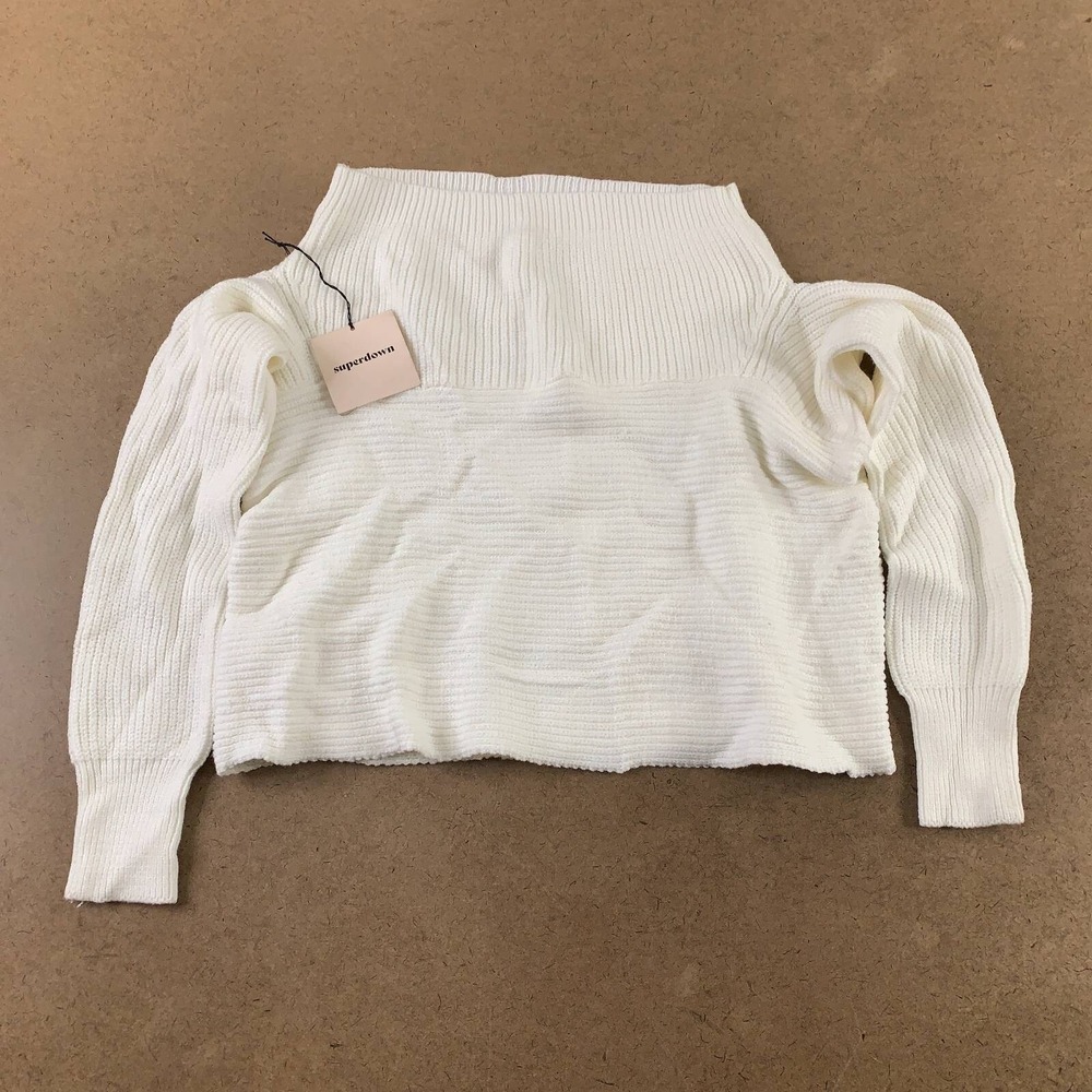 Superdown Womens Cropped Sweater White Long Sleeve Mock Neck Ribbed Knit S New